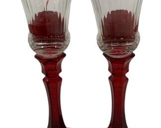 831 - Pair Red & Clear Candleholders 10.5"
