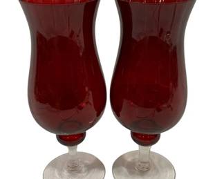 272 - Pair Red Glass Hurricanes 14"
