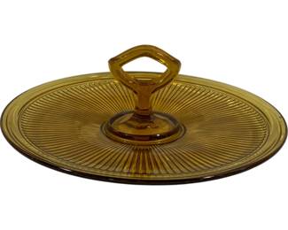421 - Vintage Amber Glass Center Handle Cake Plate ribbed pattern - 11.5" round
