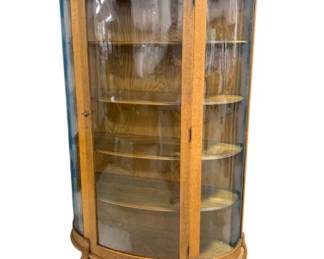 2507 - Curved Glass Oak China Cabinet carved & mirror backsplash 70 x 38 x 15
