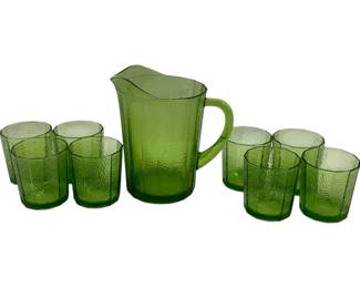 544 - Anchor Hocking Green Pitcher & Tumblers 9 pc, 8" & 3.5"
