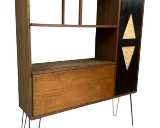 2272 - Atomic Mid-Century Bar Cabinet, Hairpin Legs 60 x 49 x 12, with light, used as-is electric/electronic/mechanical item - no guarantee all components, untested

