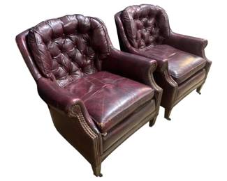 2528 - Pair Red Leather Tufted Back Arm Chairs 31 x 32 x 24
