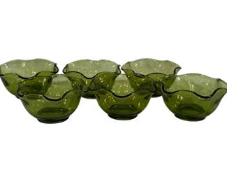 798 - 6 Anchor Hocking Olive Green Crimped Bowls 5.5"
