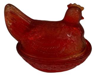 485 - Red Glass Hen on Nest, 6 x 4 x 6
