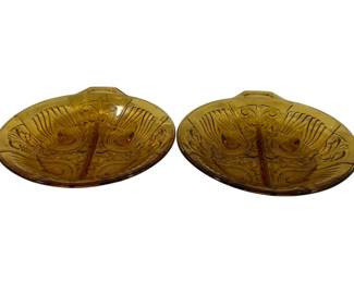 596 - 2 Indiana Glass Divided Amber Relishes 7.5"
