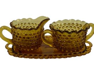 689 - LE Smith Amber Hobnail Creamer/Sugar/Tray 4 x 9 x 4
