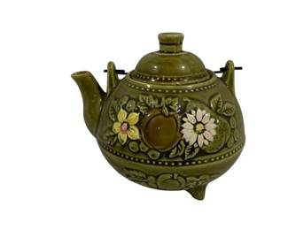306 - Vintage Olive Green Ceramic Teapot 3 leg, 6.5"
