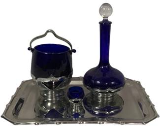 1648 - Farber Bros Krome Kraft Bar Set on Tray with Cambridge Royal Blue Inserts, bamboo motif tray, ice bucket, decanter & shot glass
