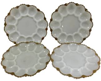 881 - 4 Fire King Milk Glass Deviled Egg Plates 10"
