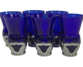 1608 - 6 Farber Bros Krome Kraft Wine Tumblers with Cambridge Royal Blue inserts 5.25"
