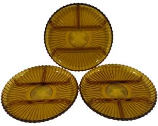 862 - 3 Indiana Glass Amber 4 Part Relish Trays 10"
