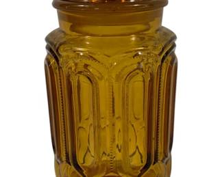 561 - LE Smith Amber Moon & Stars Lidded Jar 12" lid is cracked & chipped

