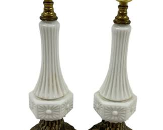 704 - Pair Milk Glass Lamps 15" used as-is electric/electronic/mechanical item - no guarantee all components, untested
