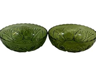 805 - 2 Anchor Hocking Pressed Glass Green Bowls 8"
