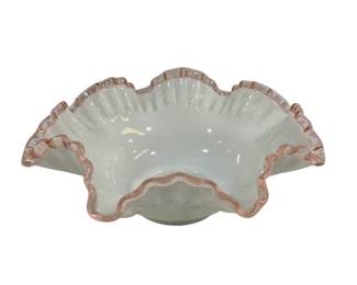 154x - Fenton Peachcrest Milk Glass Ruffled Bowl 4 x 11
