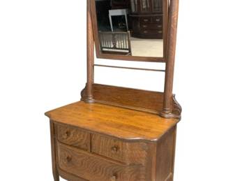 2486 - Tiger Oak Carved Bow Front Dresser w/ Mirror 76 x 38 x 21

