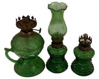 1363 - 3 Small Green Vintage Oil Lamps 7 & 8"
