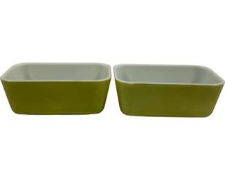 448 - 2 Vintage Pyrex Avocado Green Refrigerator Dishes 7 x 4 x 3
