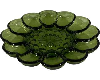 429 - Anchor Hocking Avocado Green Deviled Egg Plate "Fairfield Starburst" - 10" round
