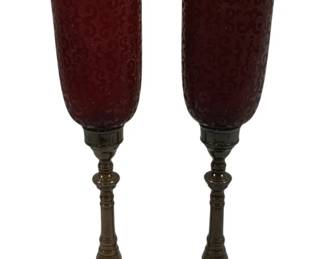 243 - Pair Ruby Shade Candleholders 20.75"
