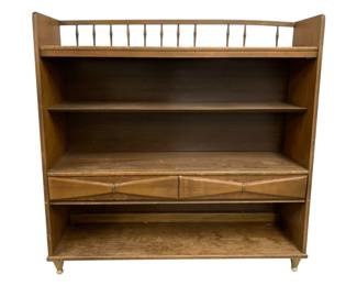 2058 - Vintage Mid-Century Shelf w/ Drawers Spindle Gallery Top - missing 2 spindles 47 x 48 x 12
