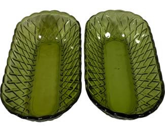403 - 2 Indiana Glass Basket Weave Green Celery Dishes 10.5 x 5
