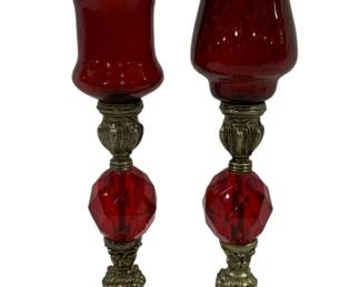 395 - Pair of Vintage Ruby Red Lucite Candle Holders 13" & 12" tall
