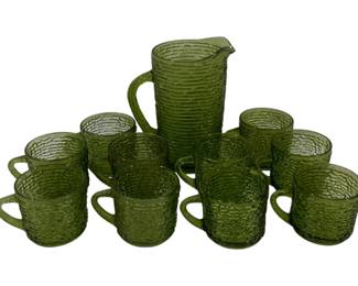 994 - Anchor Hocking Soreno Green Pitcher & 10 Mugs 7" & 3"
