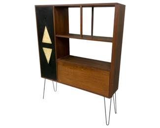 2271 - Atomic Mid-Century Bar Cabinet, Hairpin Legs 60 x 49 x 12, with light, drop down bar, used as is electric/electronic/mechanical item - no guarantee all components, untested
