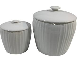 482 - 2 Corning Ware French White Ribbed Canisters 7" & 9.5" tall
