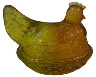 869 - Amber / Yellow Glass Hen on Nest 6 x 6 x 4
