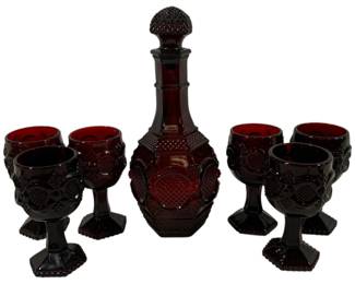 1394 - Avon Ruby Red Cape Cod Decanter Set 7pc, 10" & 5"