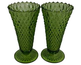769 - Pair Indiana Green Diamond Point Vases 8"
