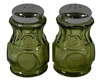 405 - Fostoria Coin Dot Olive Green Salt/Pepper Shakers 3" tall
