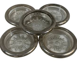 1461 - 5 Silver Edge Glass Coasters 4"
