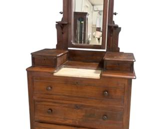 2488 - Victorian Walnut Dresser w/ Mirror marble inset, glove boxes, candlestands 73 x 37 x 17
