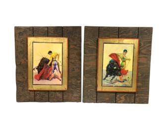 320x - Pair Mid-Century Matador & Bull Wall Art 16 x 14
