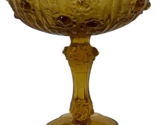 895 - Fenton Amber Cabbage Rose Compote 7.5 x 6
