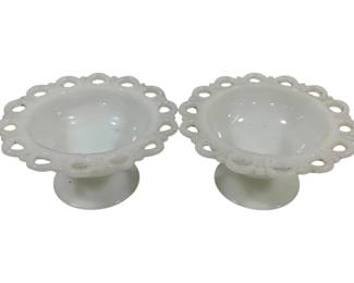 849 - Pair Milk Glass Lace Edge Compotes 3.5" tall
