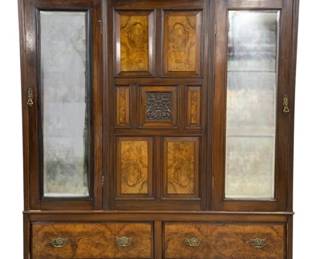 1686 - Vintage Burl Front Mirror Door Armoire Knock down design, drawers at bottom 81 x 75 x 20

