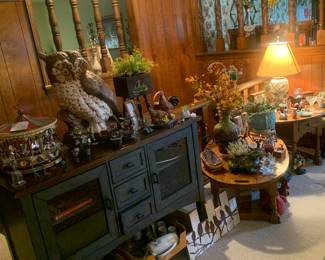 TV console table, another view of the coffee table and table set and various items