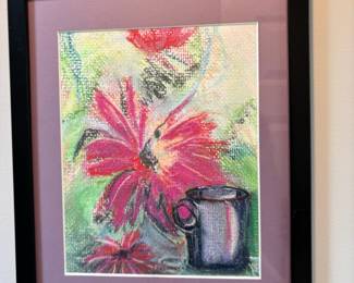 Framed & Matted Floral Pastel Drawing Signed JS