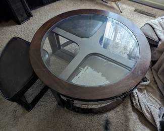 Coffee table with pull out chairs/ottomans. 2 will need reupholstering