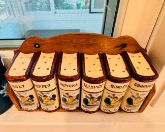 Vintage spice “book” shakers with wood holder