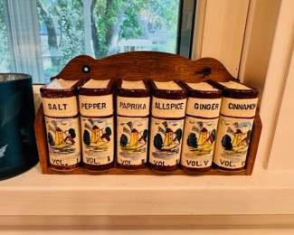 Vintage spice “book” shakers with wood holder