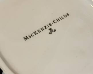 New In Box Mackenzie Childs Holiday theme cookie jar, set of 4 plates, cookie tray and set of 4 stacking mugs