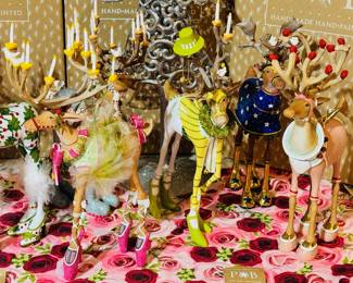 Mackenzie Childs - Patience Brewster Dash Away 12 1/2” tall reindeer figures, all are New In Opened Boxes.  Dasher, Dancer, Prancer, Vixen, Comet, Cupid, Donna & Blitzen, each sold separately 