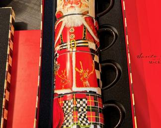 New In Box Mackenzie Childs Holiday theme cookie jar, set of 4 plates, cookie tray and set of 4 stacking mugs
