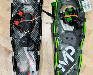 Two New pair of Mountain Profile Snowshoes Adventure Packages.  Both come with telescoping trekking poles and carry bag, Size Large